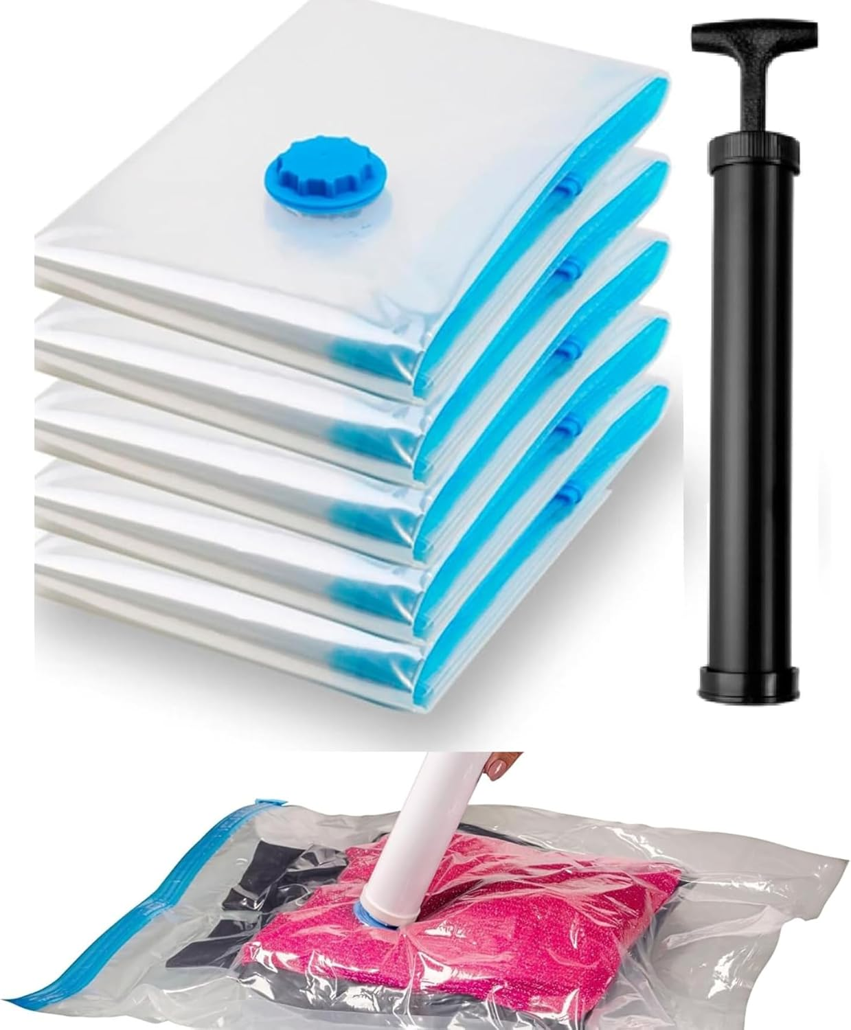 Kit 05 Saco á Vácuo p/Embalar 50x60 + Bomba De Sucção Mais Espaço Mala Viagem Guarda Roupa Fácil de Usar Reutilizável Premium Azimark-THREE BROTHERS