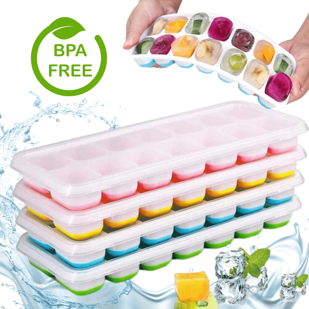 Kit 2 Formas de Gelo Silicone com Tampa Rígida Flexível Fundo 14 Cubos Retangular Multiuso Lavável