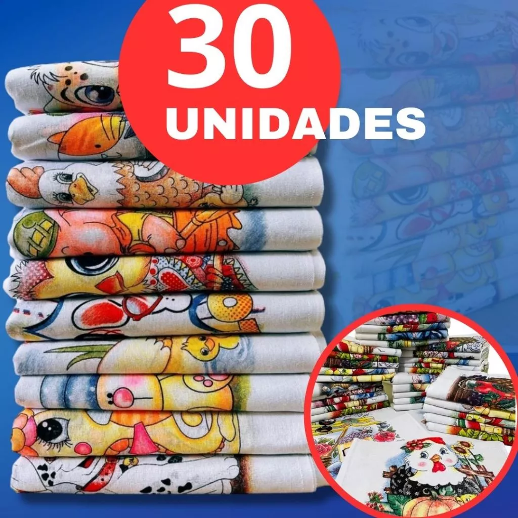 Kit 30 Pano de prato grande de copa cozinha estampado com bainha 100% algodão atacado