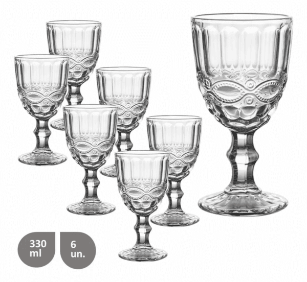 Jogo 6 Taças Vidro Para Vinho / Água - Laradore Rendas 330ml