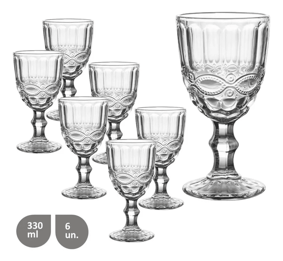 Jogo 6 Taças Vidro Para Vinho / Água - Laradore Rendas 330ml