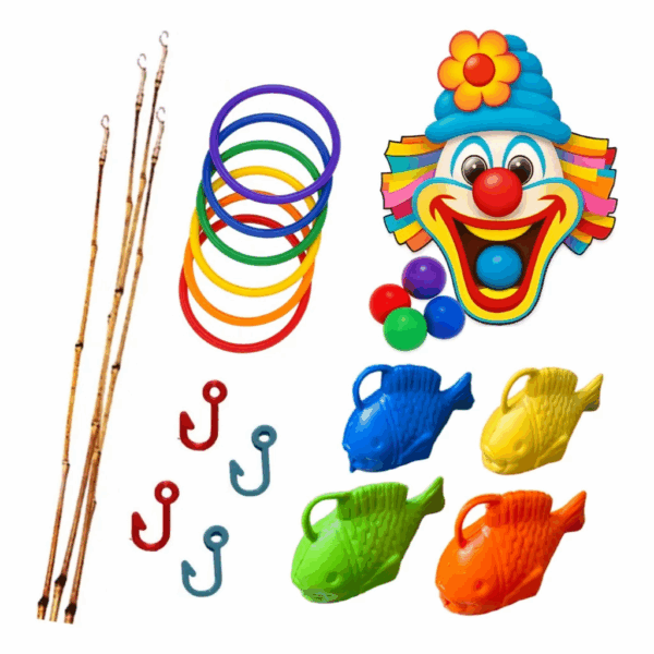 Kit Festa Junina 20 Argolas + 20 Peixes + 4 Varas 63cm + 1 Boca Do Palhaço Pescaria Arraia Quermesse