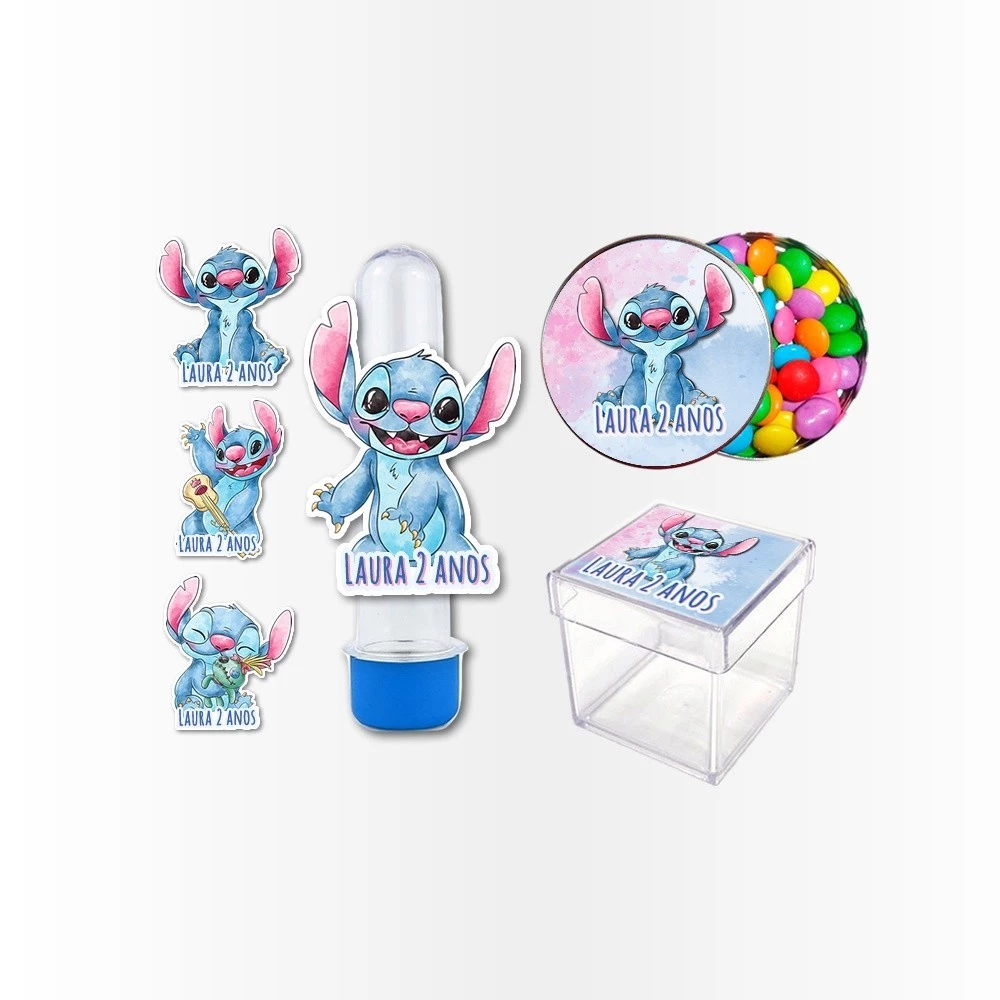 Kit Festa 60 Rótulos Adesivos e apliques Aplique Kit Festa Infantil 3d Tubete Lilo e Stitch Aquarela