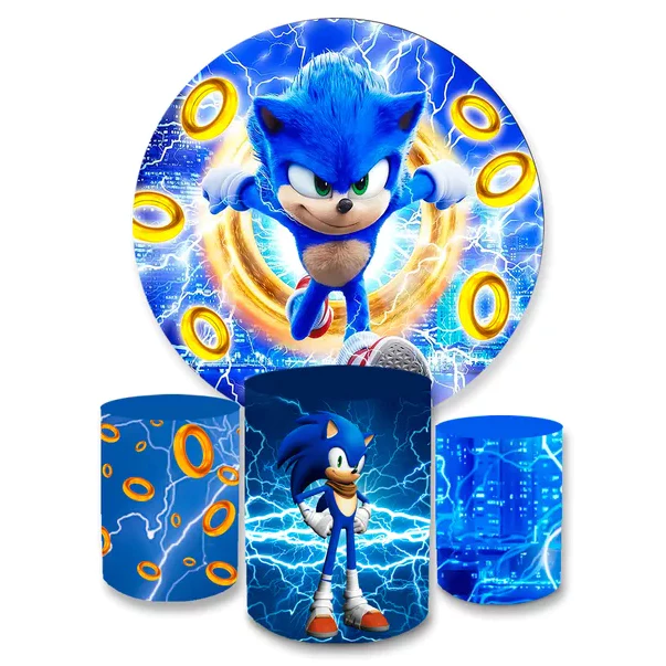 Kit Decorativo Painel Redondo C/ Elástico + Trio Capa Cilindro Sonic Jogo Veste Fácil Sublimado Festa