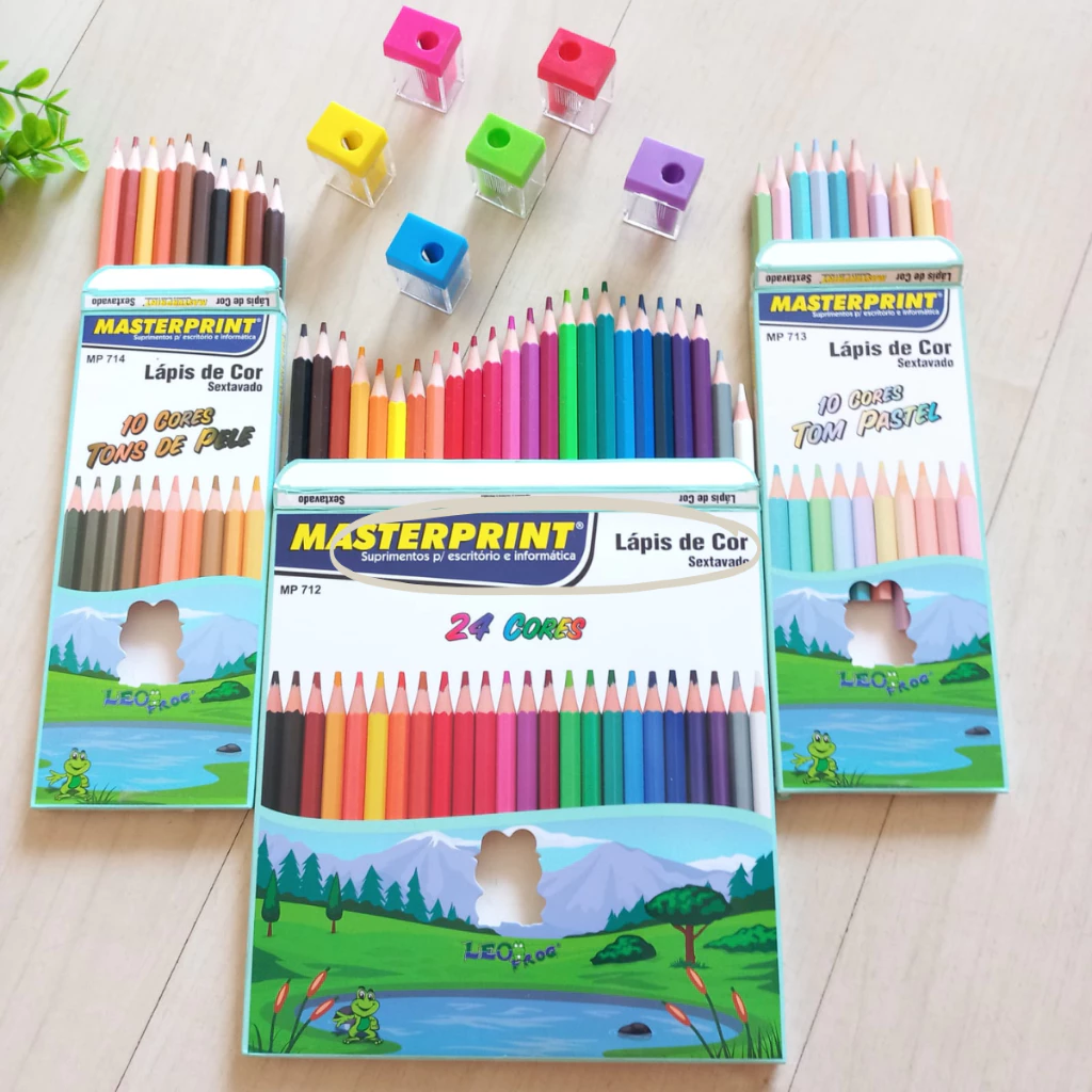 Kit Lápis de Cor 44 Cores Sextavado (24 Tradicionais+10Tons Pastel+10Tons de Pele)01 Mini Apontador