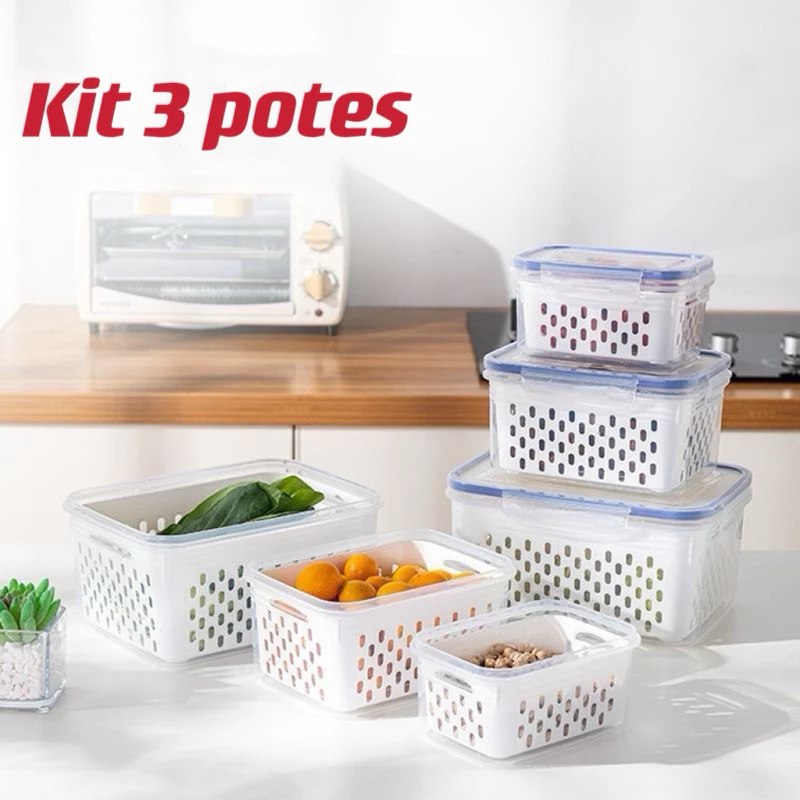 Kit 3 potes cestas Conjunto De Caixas Frigoríficas Multifunctioal De Cozinha Com Tampa Cesta De Drenagem De Grande