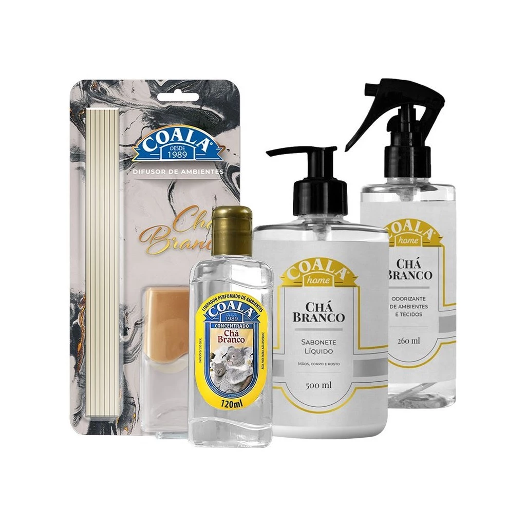 Kit Coala Chá Branco Difusor 100ml Odorizador 260ml Limpador 120ml e Sabonete Líquido 500ml