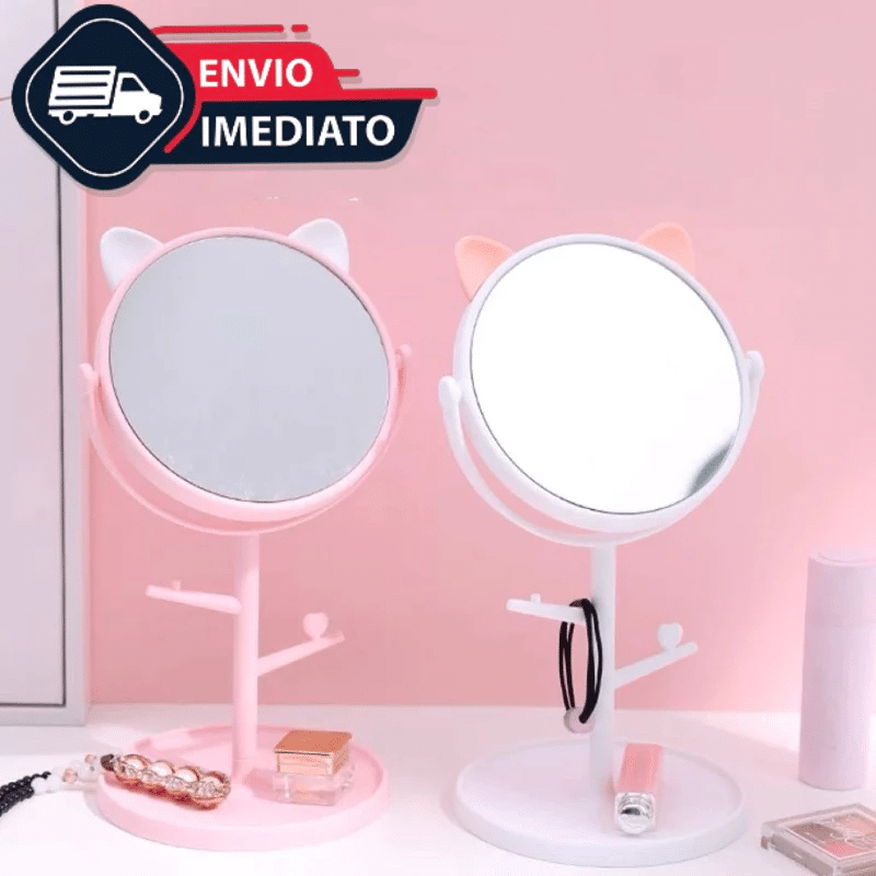 Kit 2 Espelho de Mesa Gato Porta Bijouteria Maquiagem Penteadeira