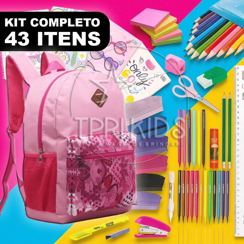 KIT MATERIAL ESCOLAR COMPLETO MOCHILA MENINA ENSINO FUNDAMENTAL MÉDIO FACULDADE ESCOLA ESTOJO CADERNO