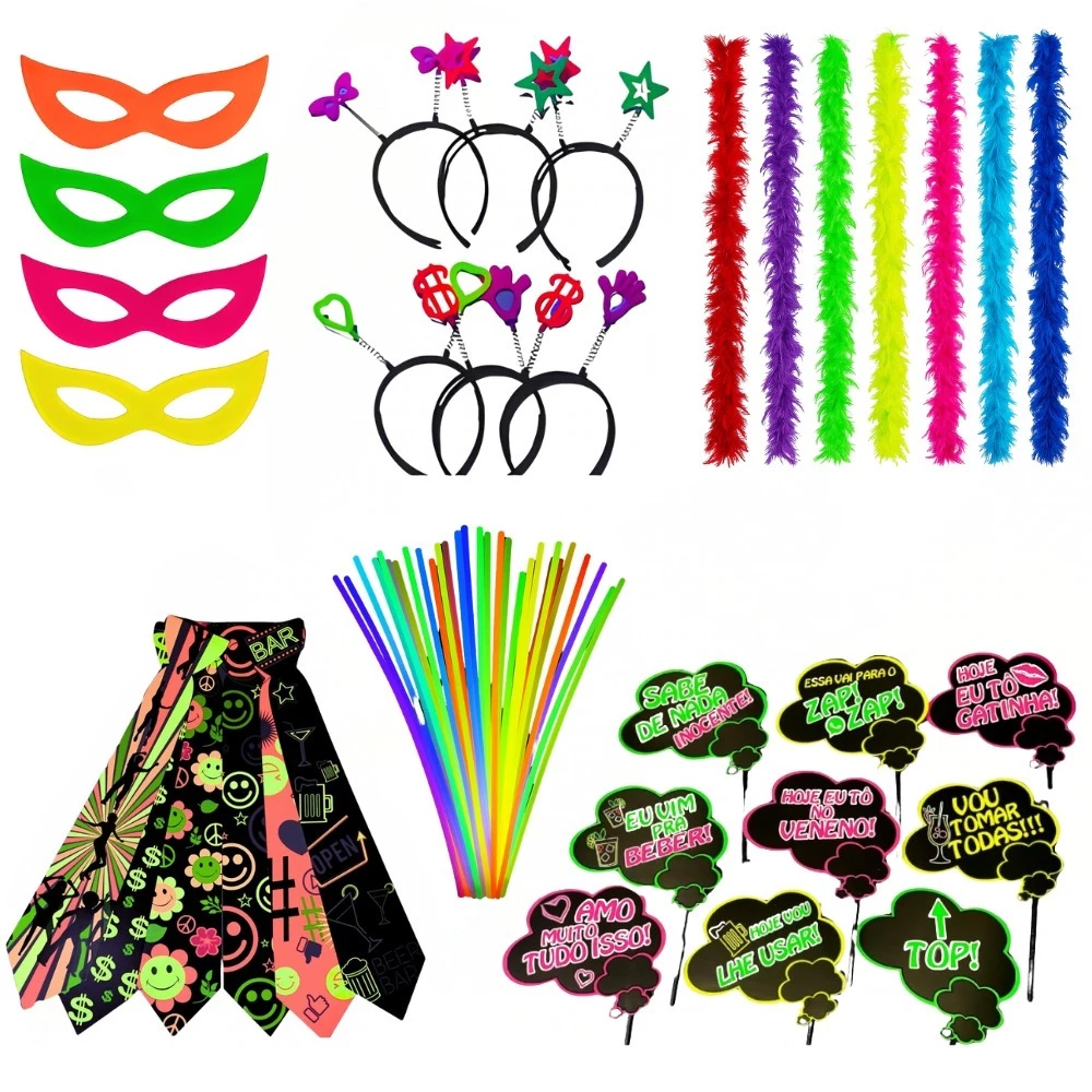 Kit Carnaval Balada Festa Neon Casamento 150 Peças Pulseira, Máscaras, Tiaras, Gravatas, Plaquinhas, Marabus - Adereços