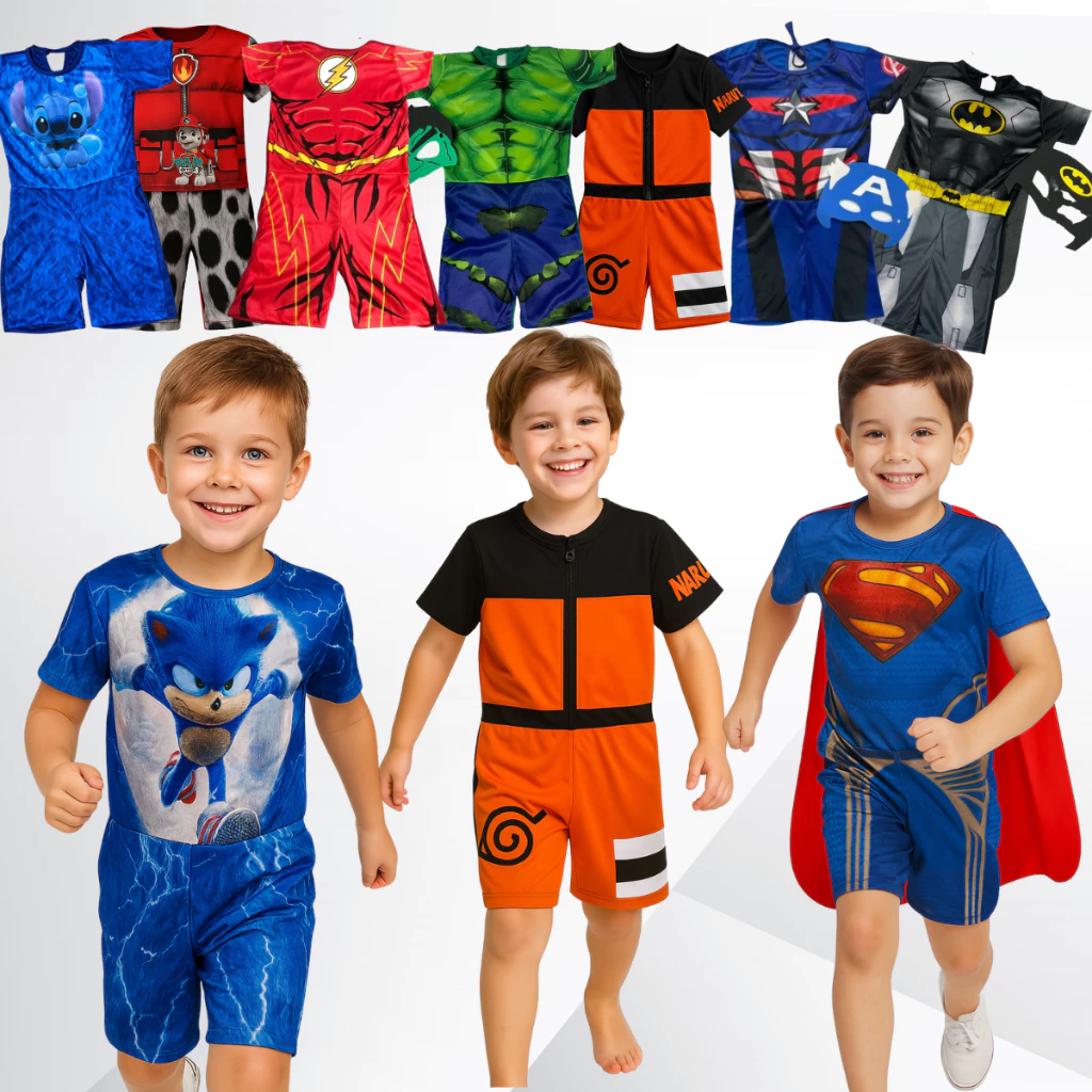 Fantasia Infantil Masculina Herói com Máscara Roupa Curta para Festa e Brincar