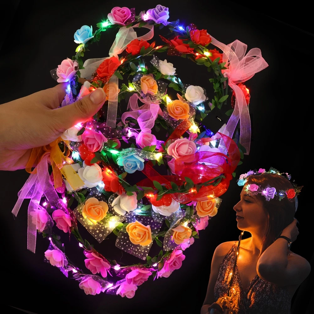 1PC Coroa De Flores LED Luminosa Ajustável Garlands Fita De Cabeça Brilhante Festa De Aniversário Favorita Casamento Feminina