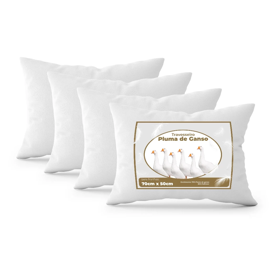 Kit 4 Travesseiros 100% Pluma De Ganso 50x70 cm Padrão 400 Fios Macio Confortável Hipoalergênico